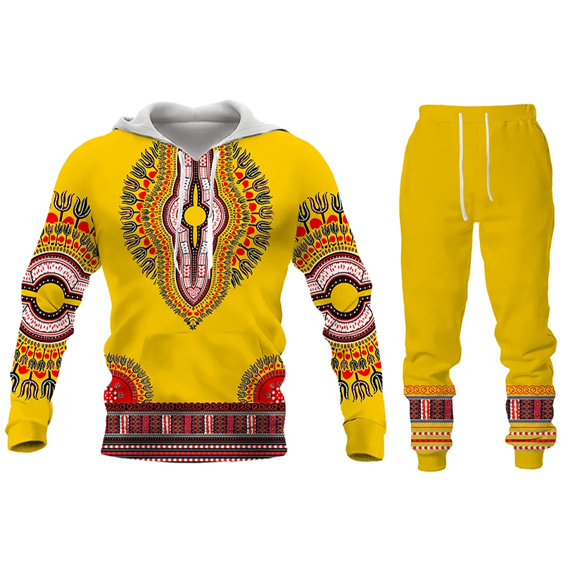 African Print Sweatshirt Hoodie and Pant 2piece Set Men's Brand Fashion Tracksuit Long Sleeve Autumn Winter Men's Clothing Suit mens short sets Men's Sets