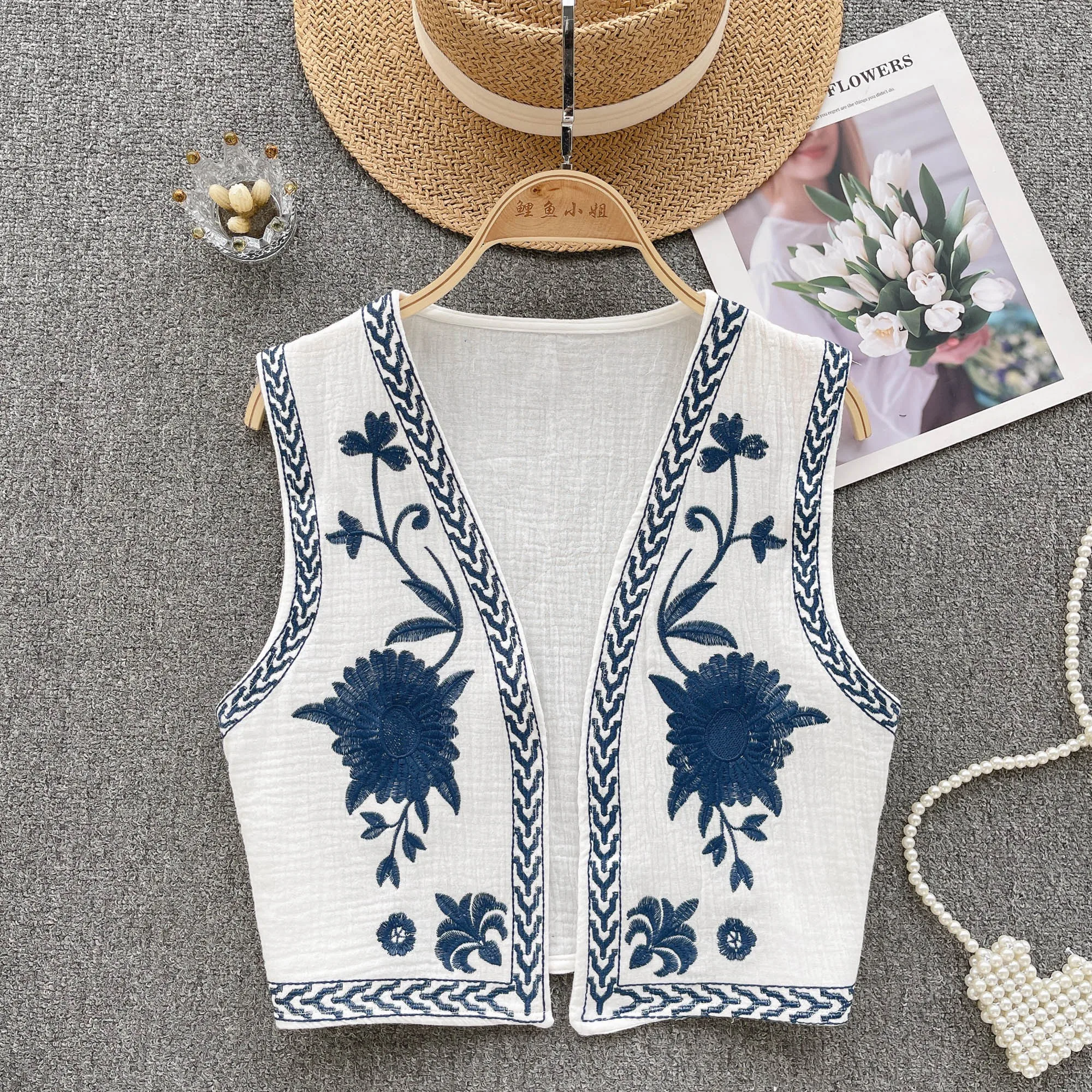 トップス 22FW cord embroidery vest Wyeysyt Women Floral Embroidered Vest Vintage Sleeveless