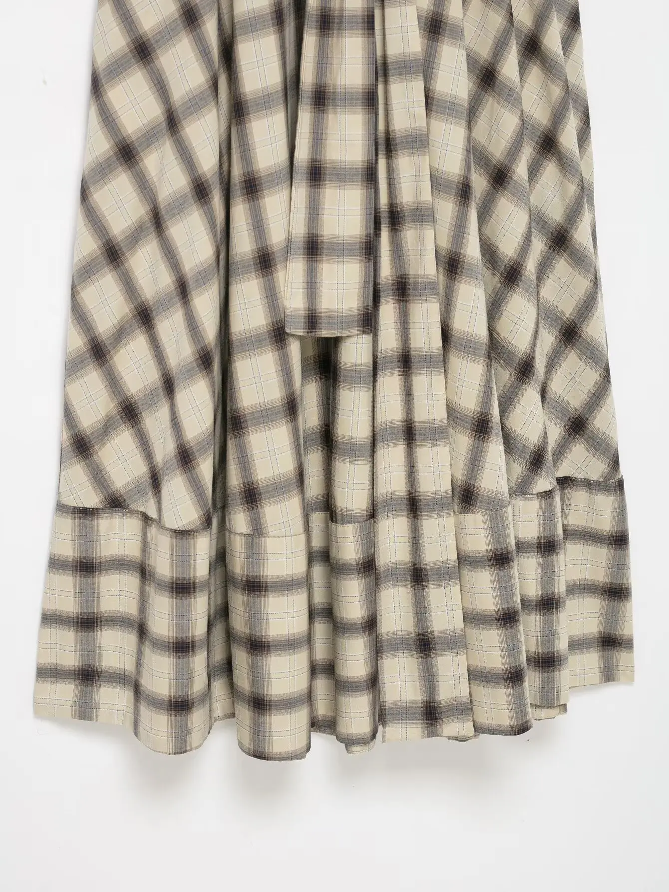 Women Plaid Lantern Sleeve Dress Female Casual Single Breasted Lace Up Long A-Line Dresses Lady Daily Commute Street Shirt-Dress