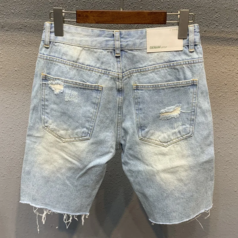 Summer Men's Ripped Denim Shorts Light Blue Knee Length Jeans Fashion Trend Raw Hem Beggar Pants Breeches Denim Shorts Summer Jeans Shorts