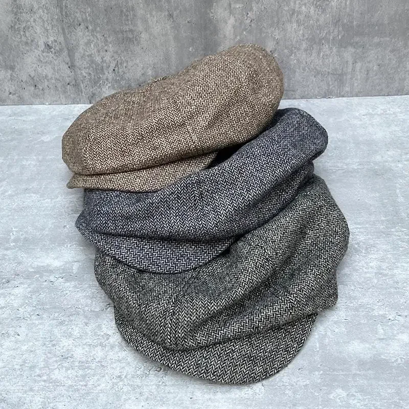 Wool Herringbone Tweed Beret Man Newsboy Cap Big Size XL 8 Panel Hat Baker Caps Retro Gatsby Hats Apple Male Winter Hat