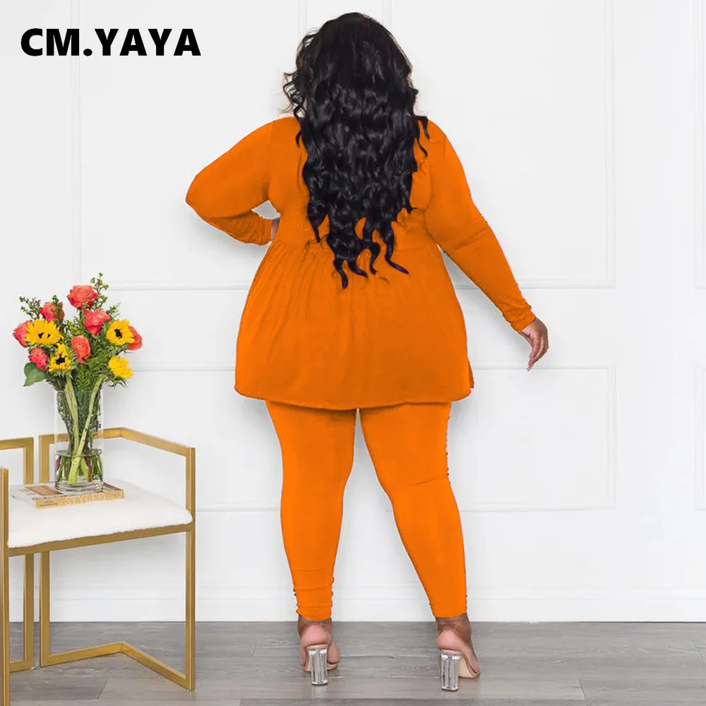 CM.YAYA 긴팔 플레어 오넥 티셔츠 및 바지 세트, 플러스 사이즈 여성 패션, 2023 스트리트 투피스 세트, 운동복