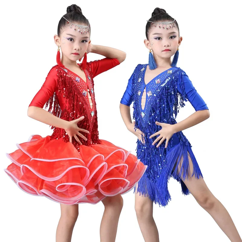 

Children's Latin dance costume girl sequined fluffy dress competition children's Latin dance clothes ballroom dance dresses