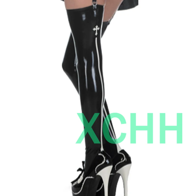 

Sexy Long Latex Stockings With Cross And Stripes At Back Heel Rubber Thigh High Stockings