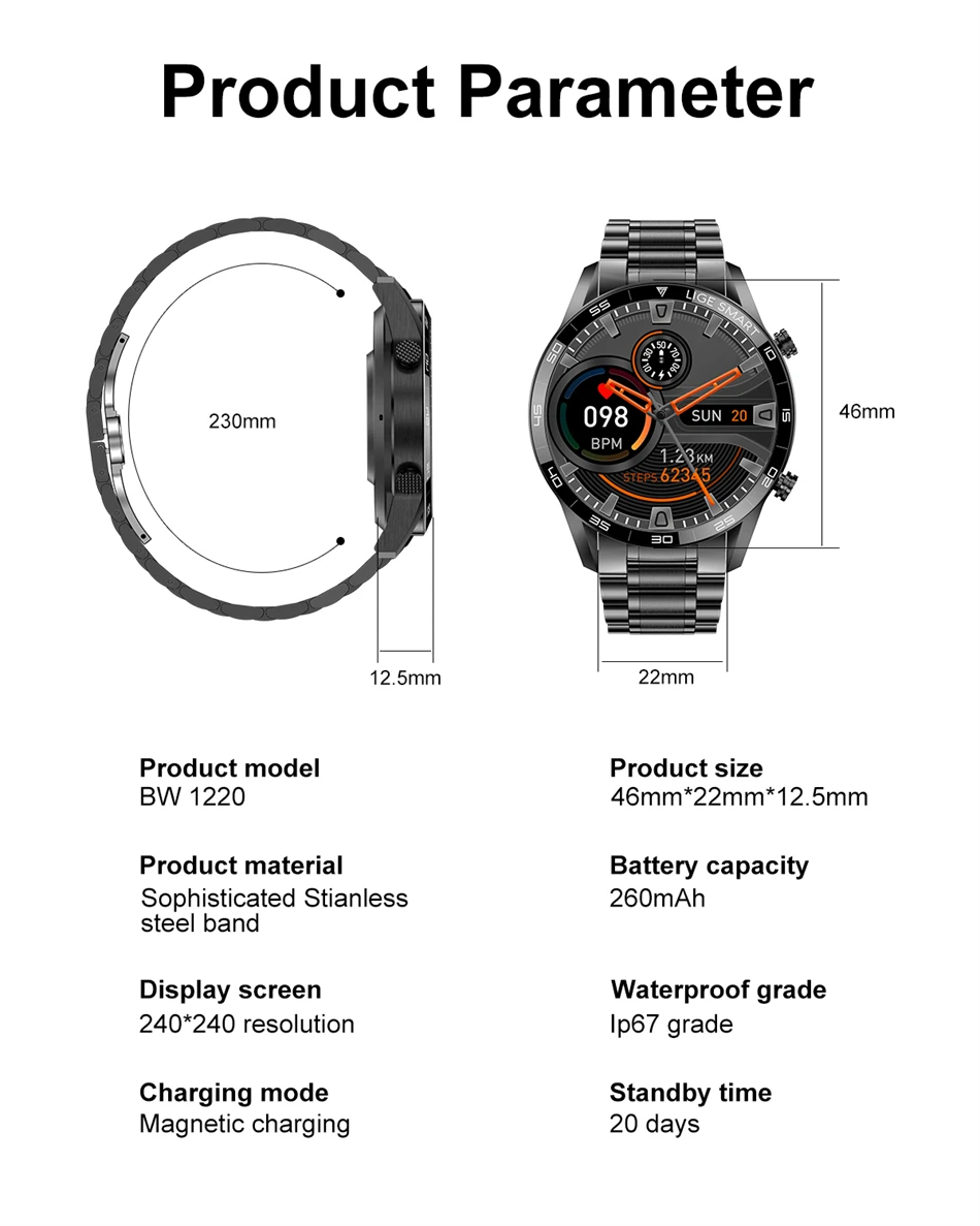 LIGE New BW0189 PRO Smart Watch Men Bluetooth Call Watch