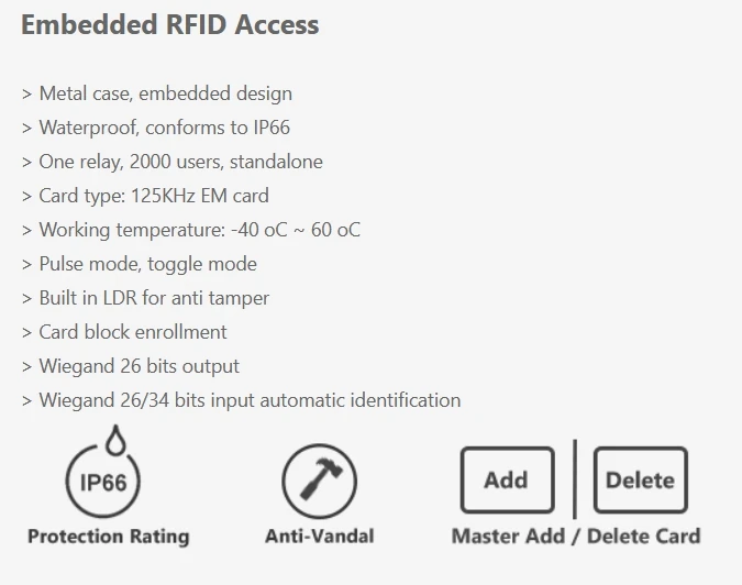 Embedded Metal Access Control System Kits Waterproof 125KHz RFID Reader 1000 Use
