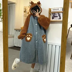 Women Pajamas Thickened Warm Nightgown Plus Velvet Sleep Robe Autumn and Winter Cute Home Service Mid-length Sleepwear Fashion