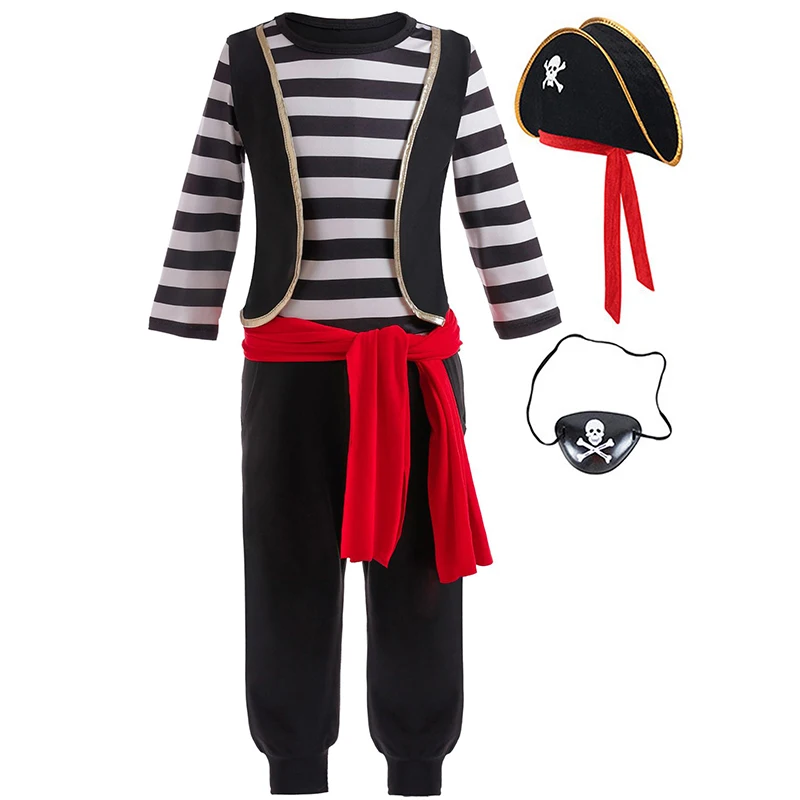 2026 Carnival Costume Boy Captain Sets Pirate Costume For Kids Striped Long Sleeve Top +Pant Suit With Eye Patch Hat Pirate Set 4