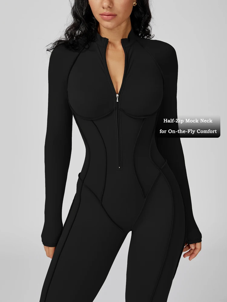 VITALINOVO Womens Running Onesie Athletic Romper Pants Long Sleeve Zip Up Hiking Outfits One Piece Workout Bodycon Jumpsuits