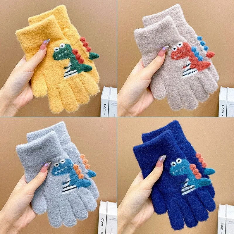 4-8 Year Old Winter Children's Thick Knitted Gloves Cartoon Dinosaur Warm Plush Children's Winter Finger Gloves warm gloves full finger gloves