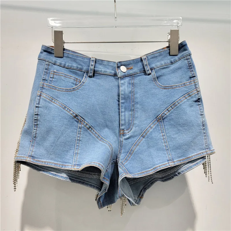 Heavy Industry Bright Crystal Tassel Stitching High Waist Denim Shorts Women 2024 Summer New Streetwear Stretch Tight Hot Pants