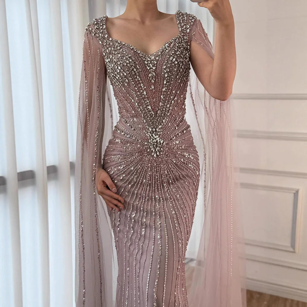 Serene Hill 2025 Customized Nude Cape Sleeves Beaded Saudi Arabic Evening Dresses Gowns for Formal Occasion LA72575A