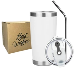 Stainless Steel Insulated Travel Tumbler with Lid and Straws - 550ML Double Wall Coffee Mug for Hot and Cold Drinks, Silver (White)