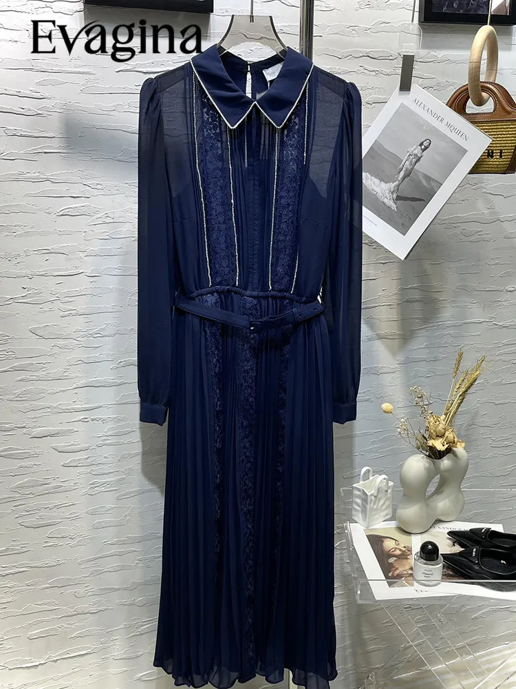 

Evagina Spring/Summer Polyester Temperament Commuter Diamond-Encrusted Lace Square Collar Long Sleeve Deep Blue Pleat Dress