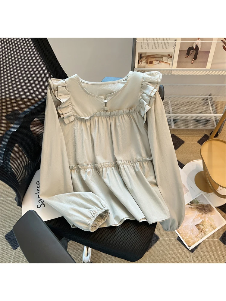 

Женская винтажная рубашка и блузка, голубая элегантная рубашка с длинным рукавом и круглым вырезом в Корейском стиле Харадзюку, Y2k, осень 2000