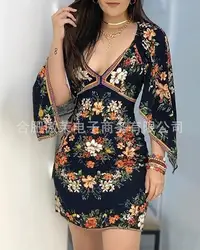 Spot 2022 vestido de primavera para mujer, vestido de cuerpo entero estampado con escote en V profundo