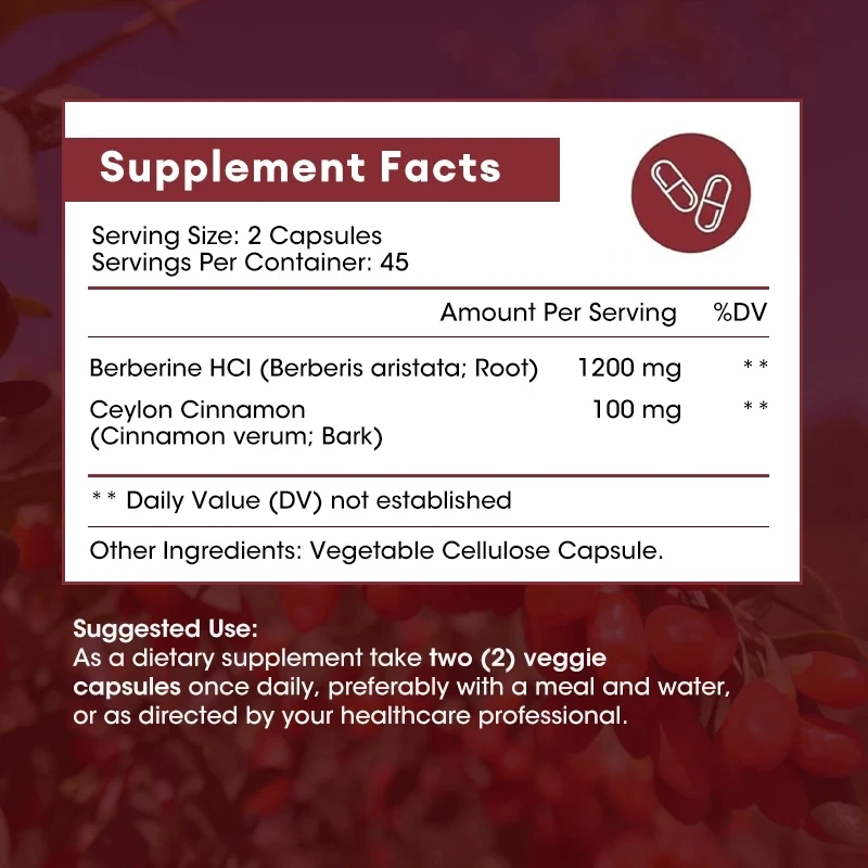Berberine HCl 1200mg 120 Capsules Vegetarian Supplement Gluten Free NonGMO for Digestive