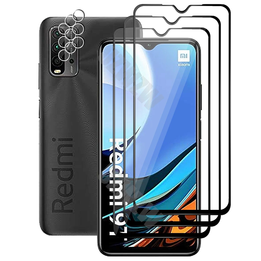 

(3+3) For Xiaomi Redmi 9T (3pcs) Full Coverage Tempered Glass Screen Protector & (3pcs) Camera Lens Protective Film