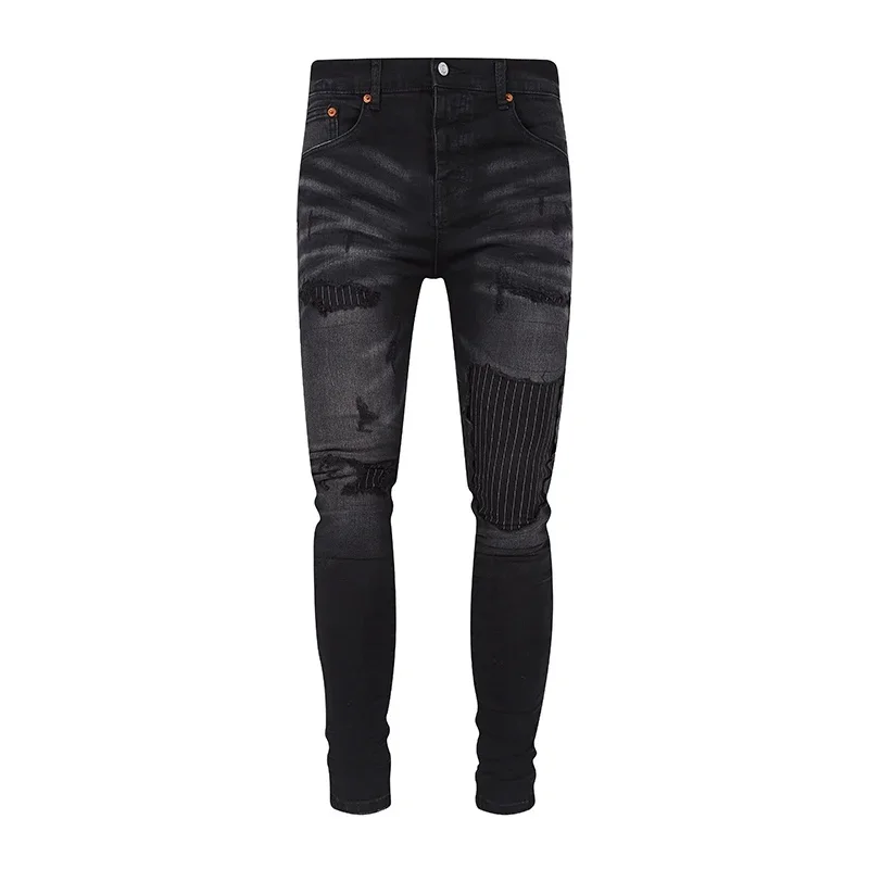

Purple Brand Jeans Men's Distressed Slim Fit Washed Black High Street Destroyed Denim Long Pants Trousers