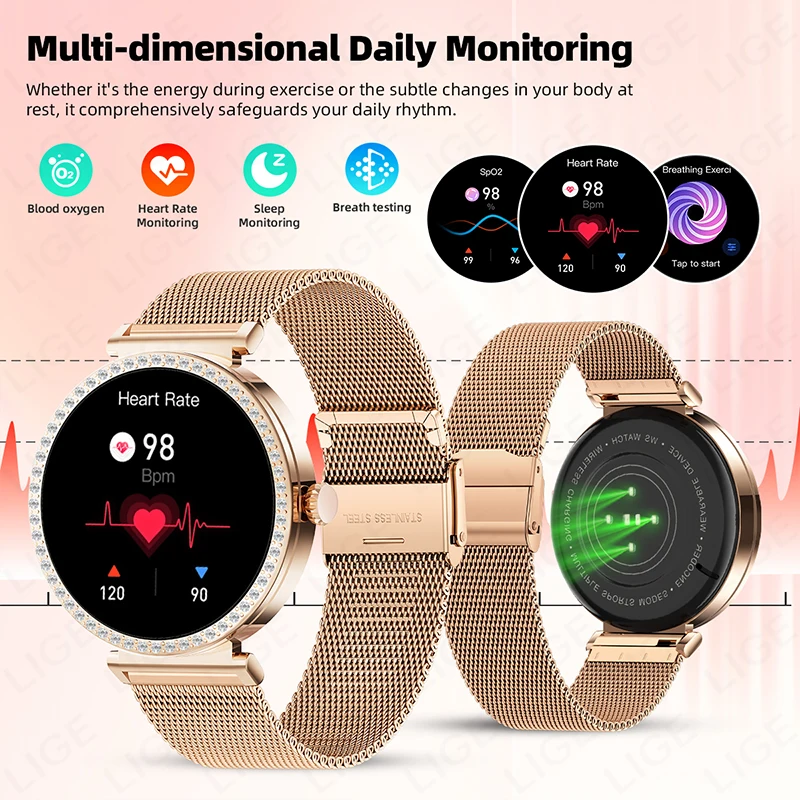 LIGE New Luxury Diamond Smart Watch GPS Women Bluetooth Call Smartwatch Heart Rate Health Monitor Waterproof Bracelet Lady Gift
