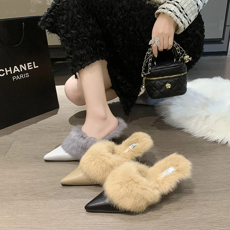 

Autumn and Winter New Fashion Pointed Thick High Heels Fashion with Plush Cotton Slippers