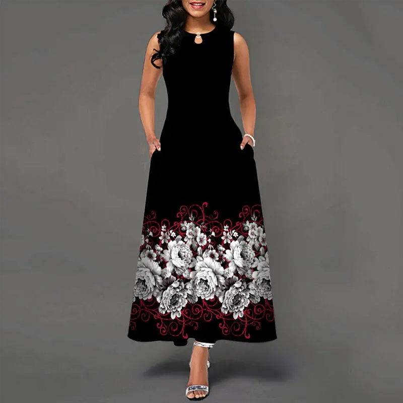 Vestido Largo De Algodón, Vestido Rojo Floral, Vestido Bohemio Largo De Algodón Sin Mangas Con Cuello Halter, Regalo De Navidad Para Mujer, Regalos Para Ella VESTIDO IBIZA - México