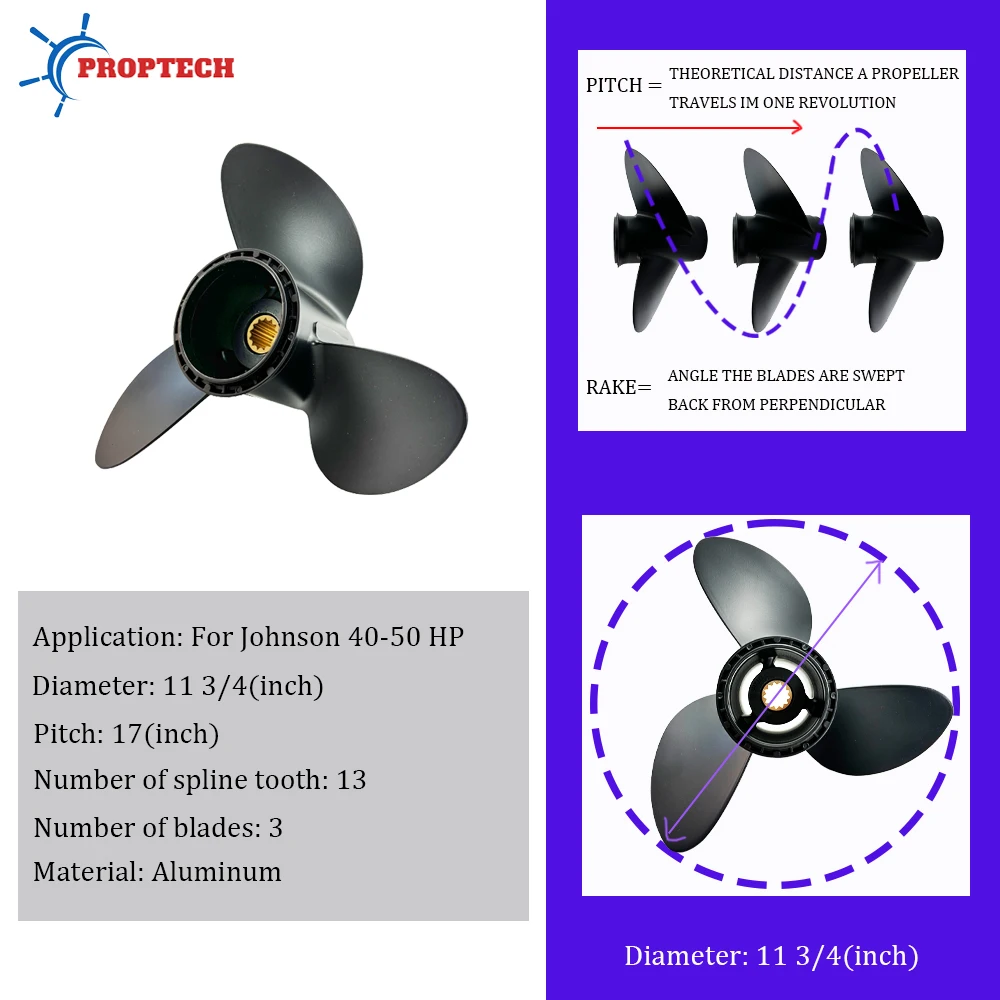 Outboard Propeller 3 Blades 13 Spline Tooth 11 3/4 x 17 For Evinrude Johnson 40-50HP
