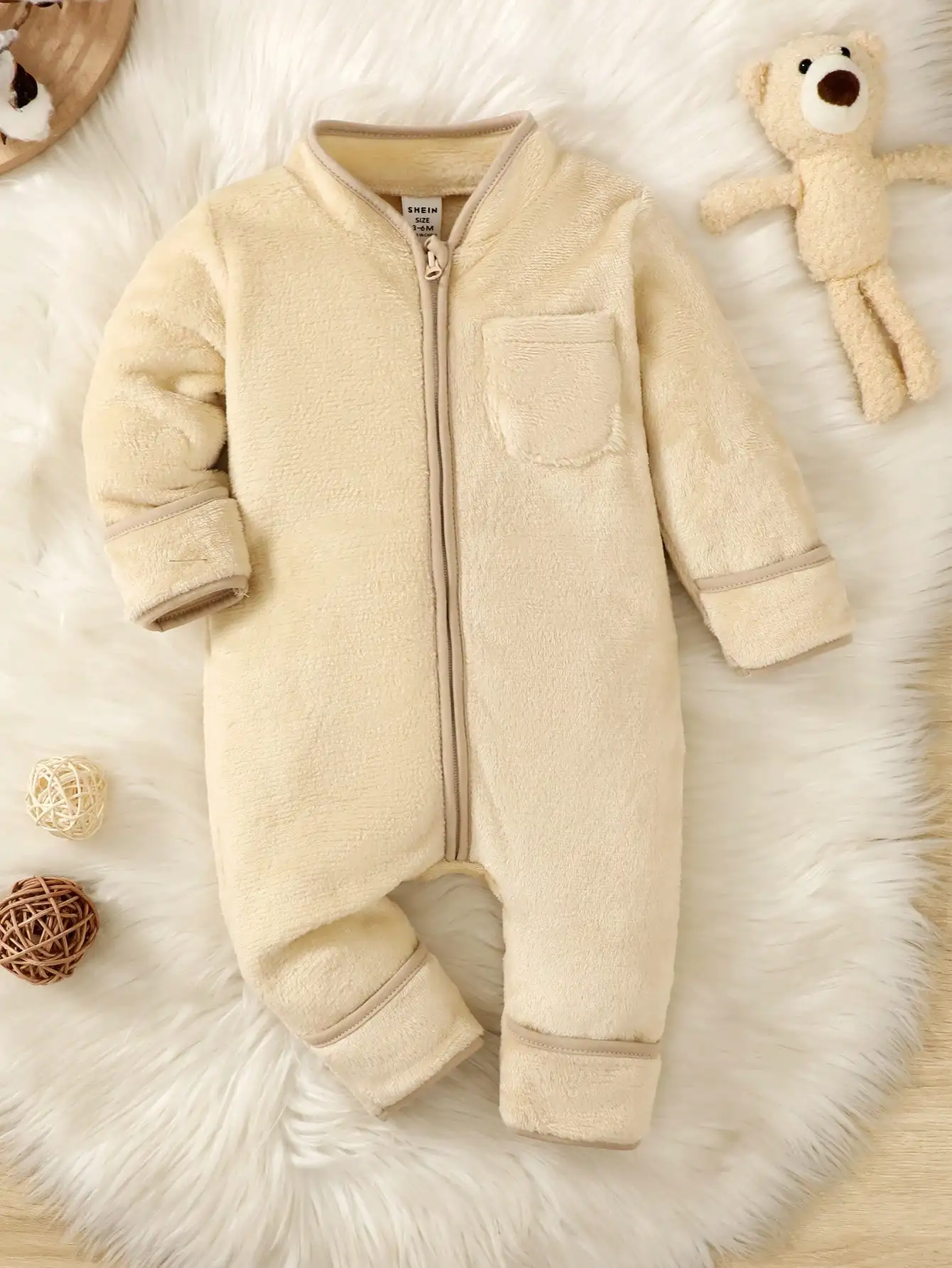 Autumn Apricot Baby Boy Cute Jumpsuit Solid Color Simple Long Sleeve Zipper Cardigan Cute Fluffy Bag Hand Wrapped Feet Onesie baby jumpsuit