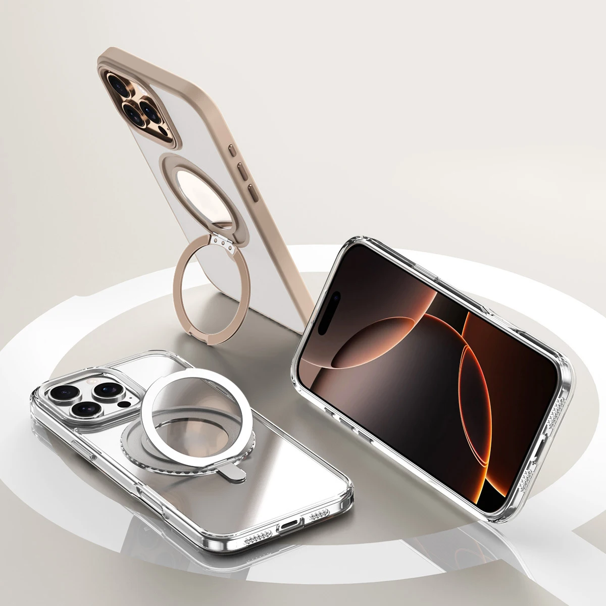 Magnetic 360° Rotation Stand Phone Case with Ring Holder - Frosted Transparent Matte Finish