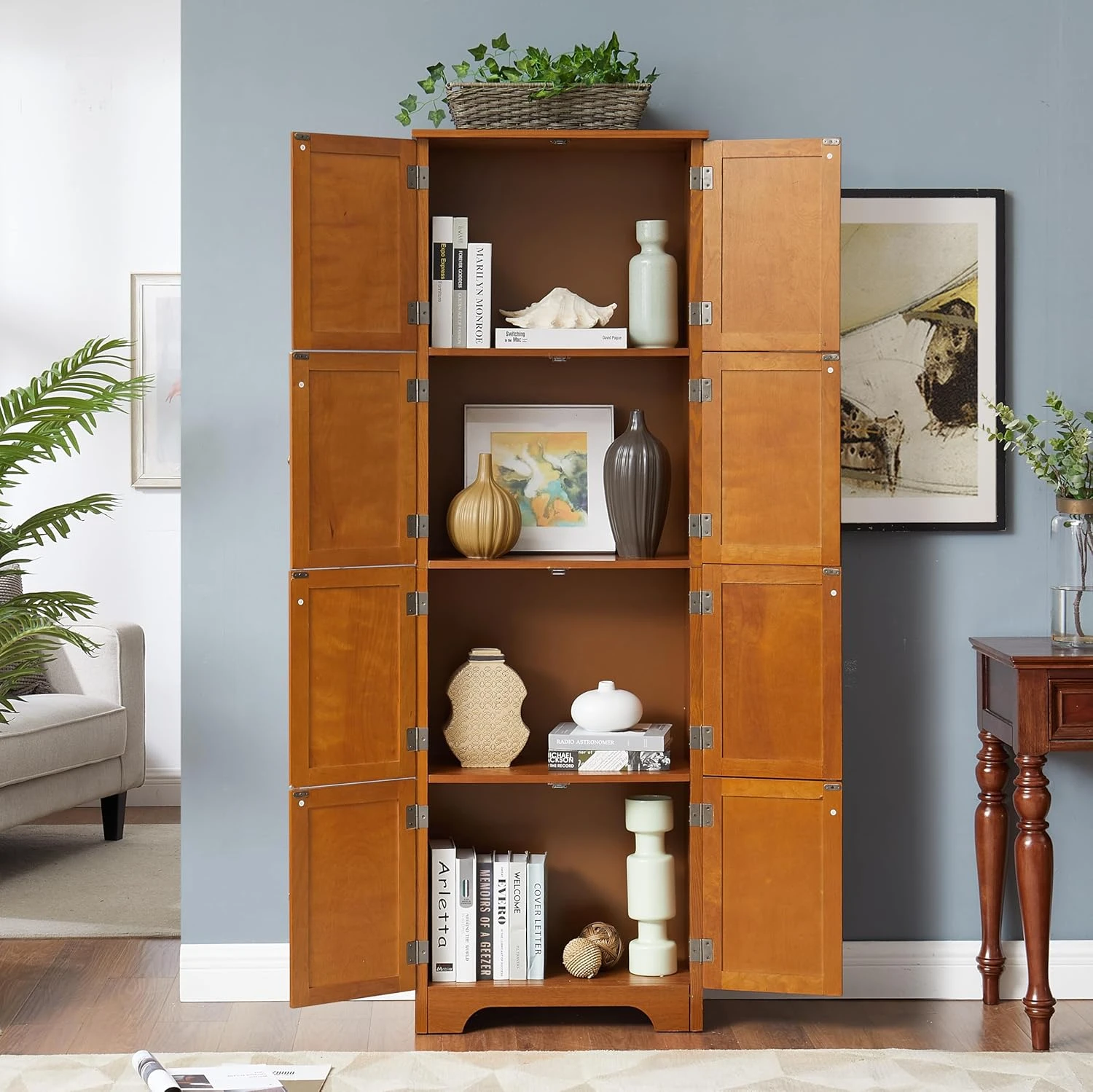 4 Tier Farmhouse Storage Cabinet with 8 Doors & 4 Shelves, 72" H Kitchen Pantry Cabinet Freestanding Floor Cabinet, Wooden Organ 2