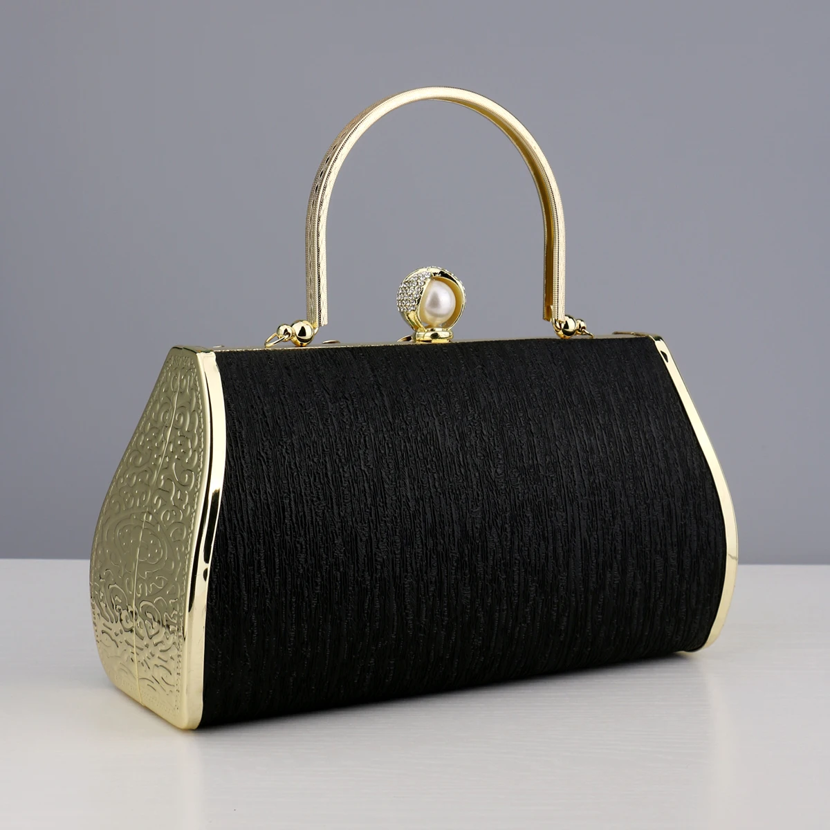 Golden Evening Clutch Bag with Diamonds and Flower Print