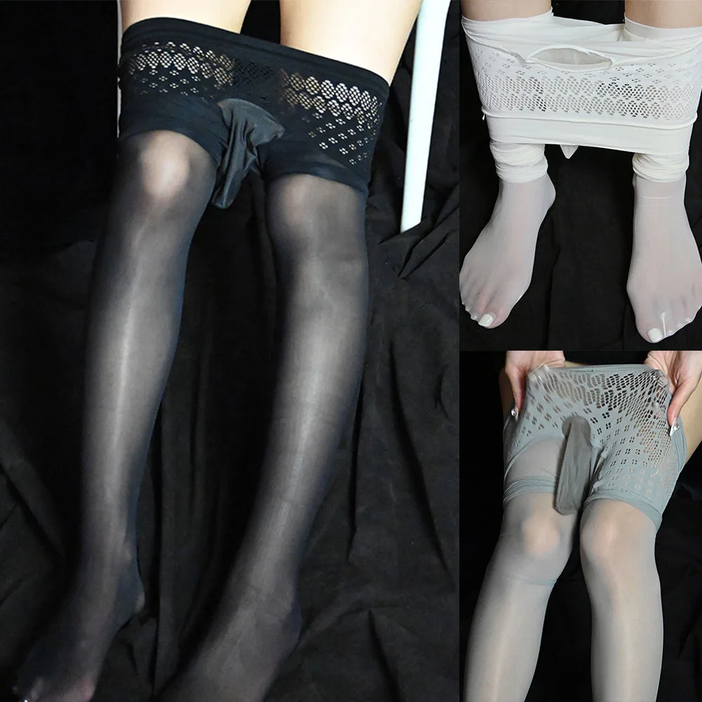 Sexy Men Sissy Pantyhose Close Sheath Fishnet Stockings Ultra-thin Mesh Transparent Underwear Hollow Tights Pants Erotic Wear