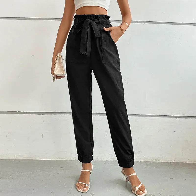 

2023New European and American Style Black Commuting Fashion High Waist Tie Leg Leisure Pocket Elegant Solid Color Women Trousers