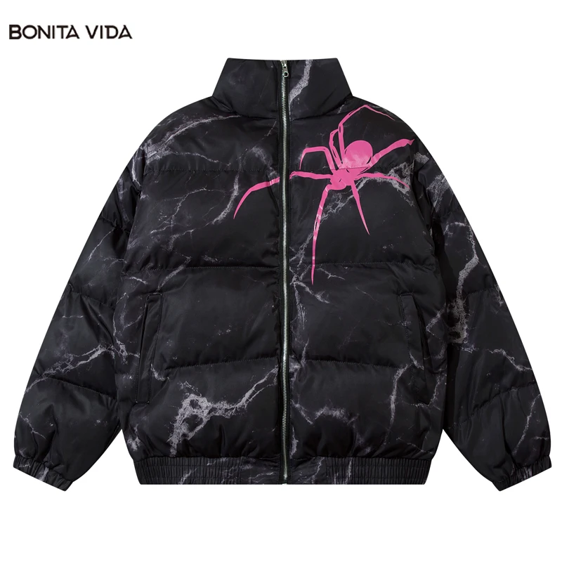 

Winter Spider Jacket Parka Streetwear Harajuku Tie Dye Thick Warm Bubble Jackets 2023 Men Hip Hop Fashion Loose Zipper Parkas