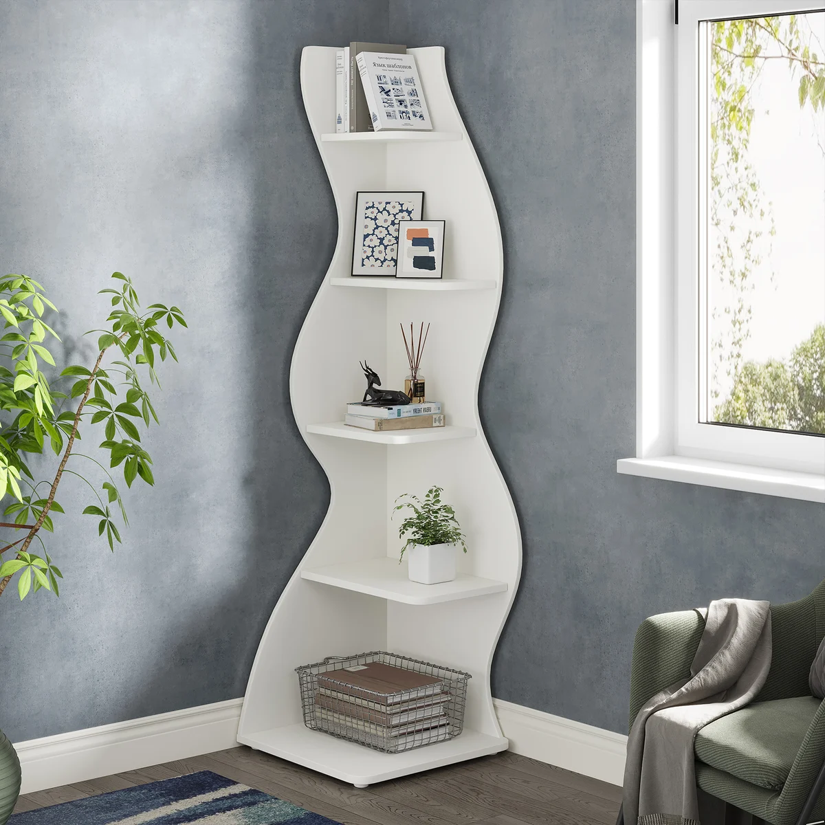 Tribesigns Modern 5-Tier Wall Corner Bookshelf, Stylish Corner Small Bookcase Storage Rack Plant Stand with Unique — view 2