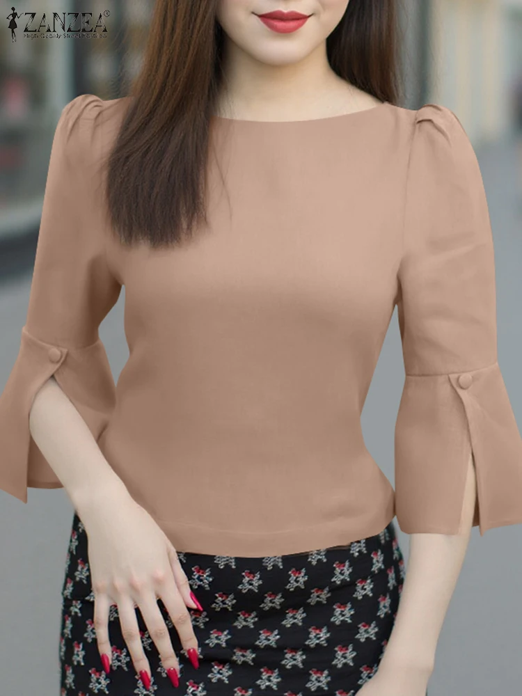 Women Summer Blouse Elegant Puff Sleeve Office Top