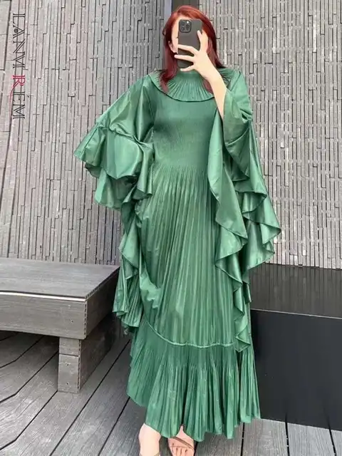 LANMREM Ruffle Sleeves Pleated Dress For Women Lapel Solid Color Maxi Style Loose Elegant Clothing 2024 Spring New 2DA2766