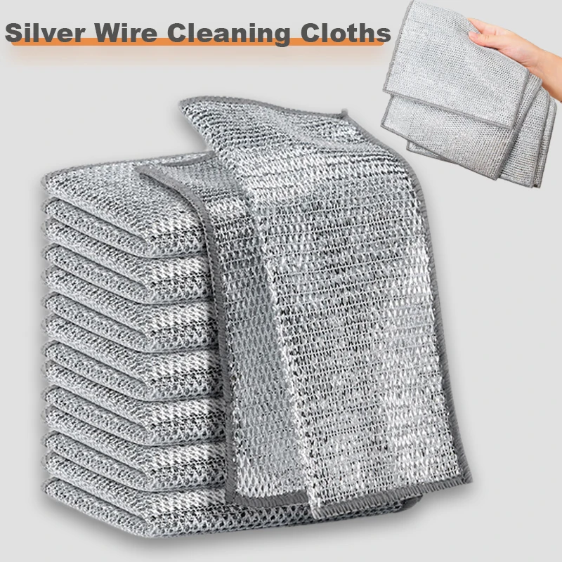 20/5PCS Magic Dishcloth Steel Silver Wire Cleaning Cloth Non-Scratch Dishrag Stain Microfiber Mesh Rag Thickened Kitchen Towel