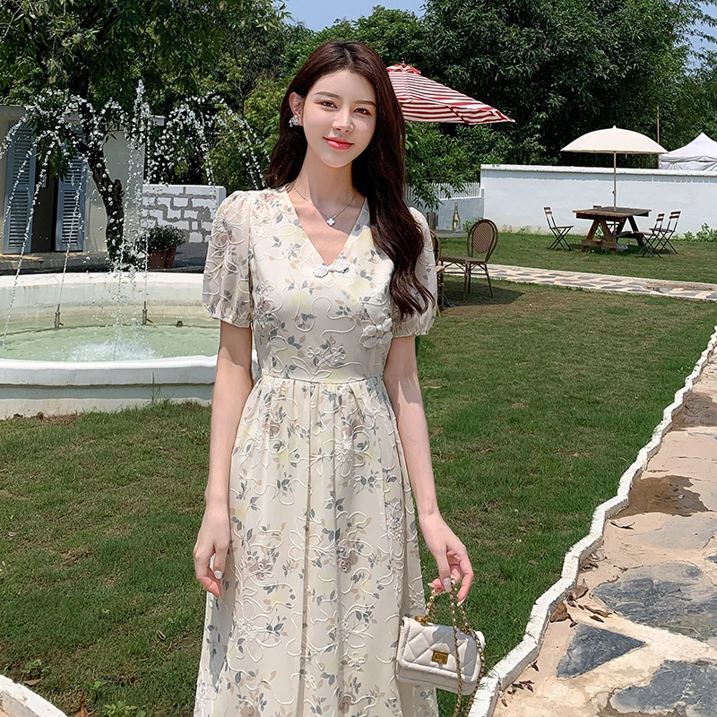 Summer New Chinese Style Midi Dresses for Women Floral Printed V-neck Puff Sleeve A-line Casual Elegant Dress One Piece Vestido
