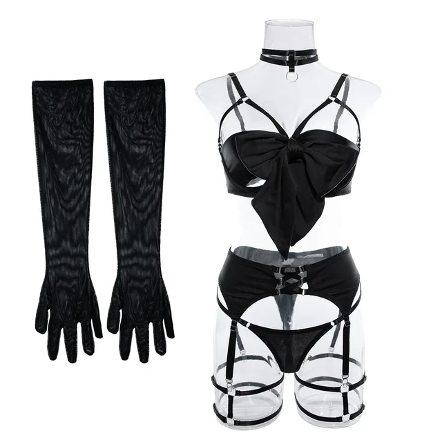 Cut Out Bow Lingerie Set with Garter and Gloves 3