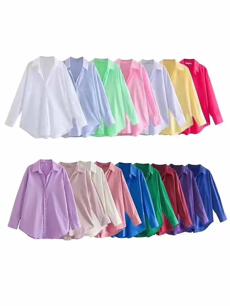 

Women 2023 New Fashion pleated design Loose poplin Asymmetric Blouses Vintage Long Sleeve Button-up Female Shirts Chic Tops