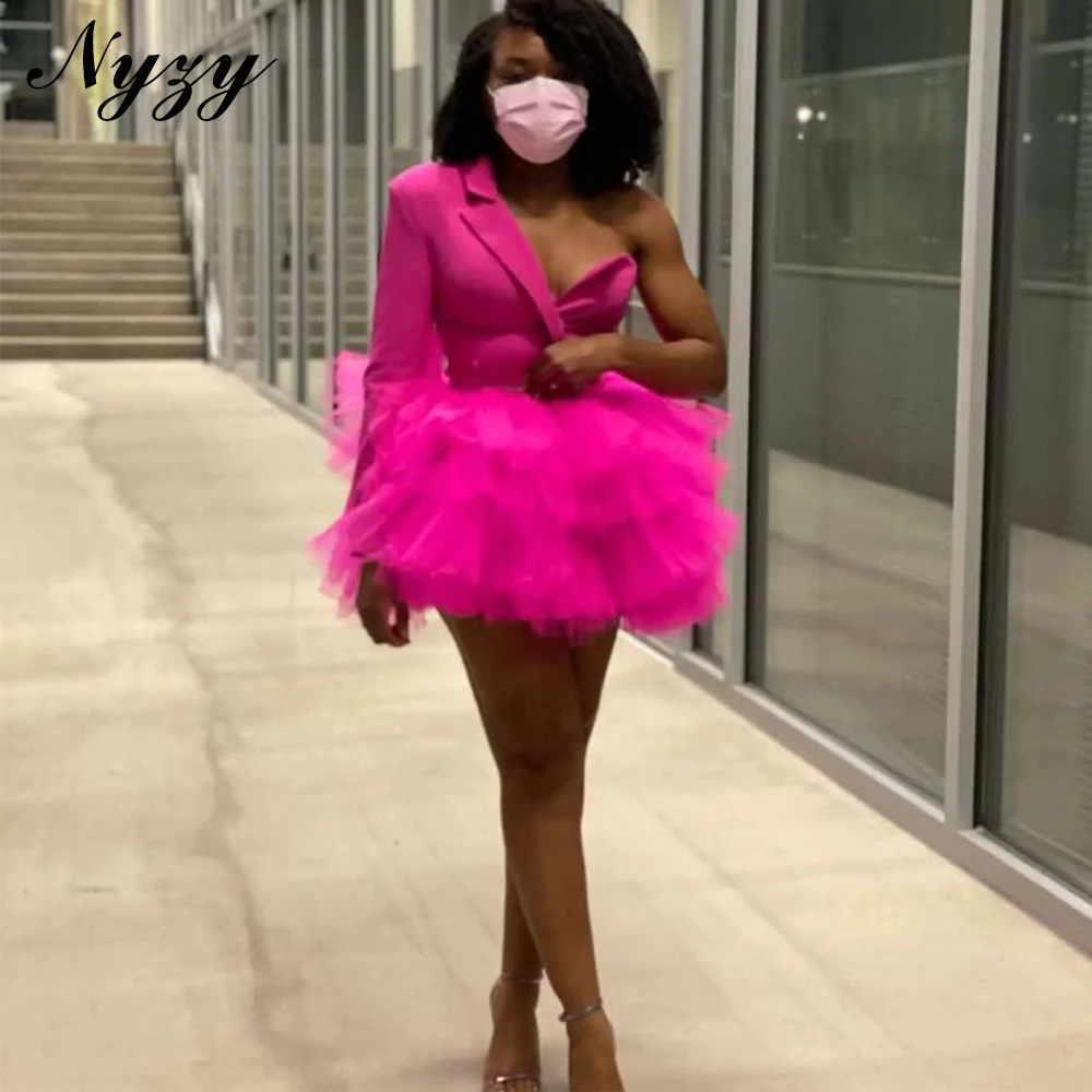 NYZY E523 One Sleeve Ball Gown Puffy Skirt Suit Cocktail Dresses Short Hot Pink Birthday Evening Party Gowns Customized