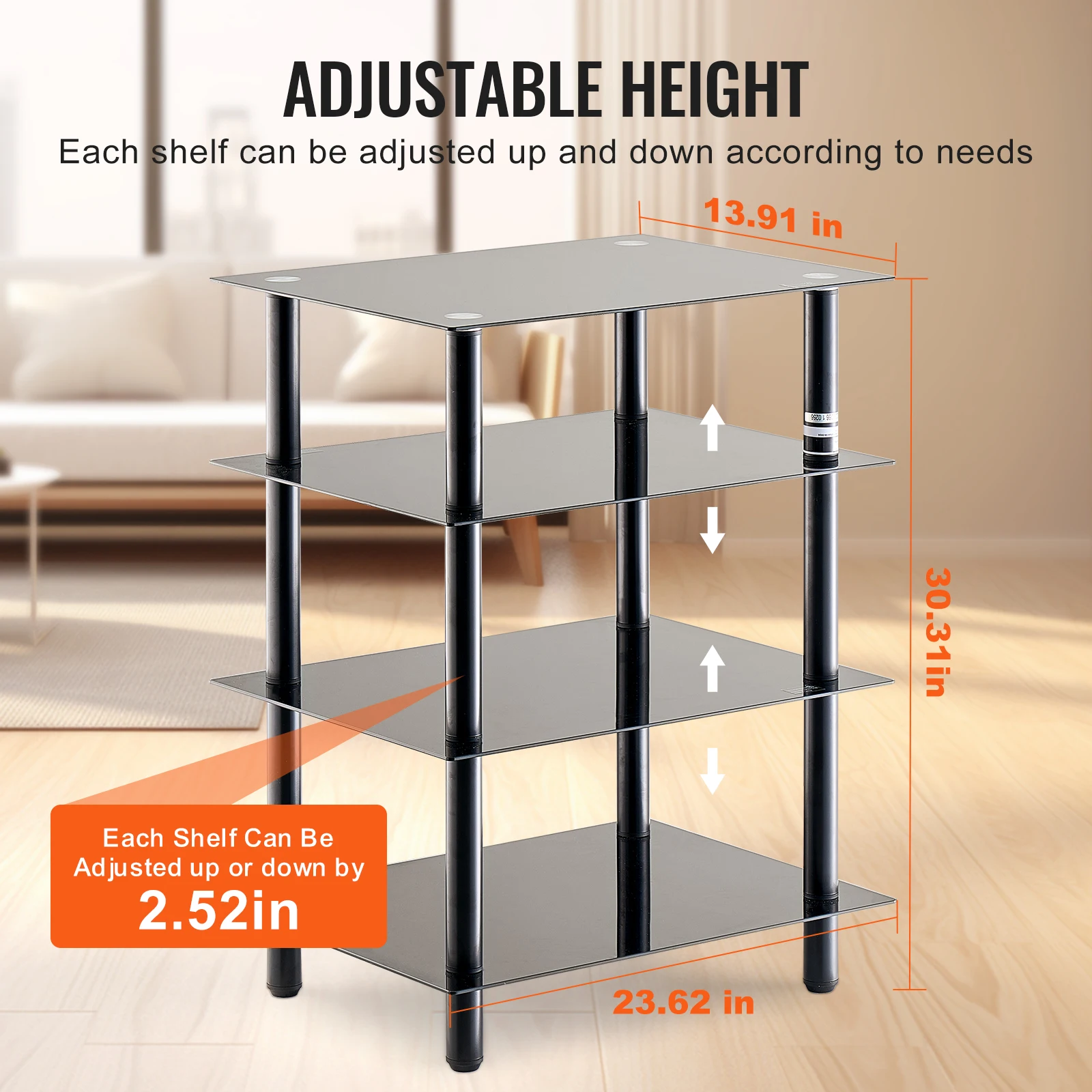 4-Tier AV Media Stand Audio/Video Stand with Strengthened Tempered Glass Shevles for DVD Adjustable Media Storage Cabinet