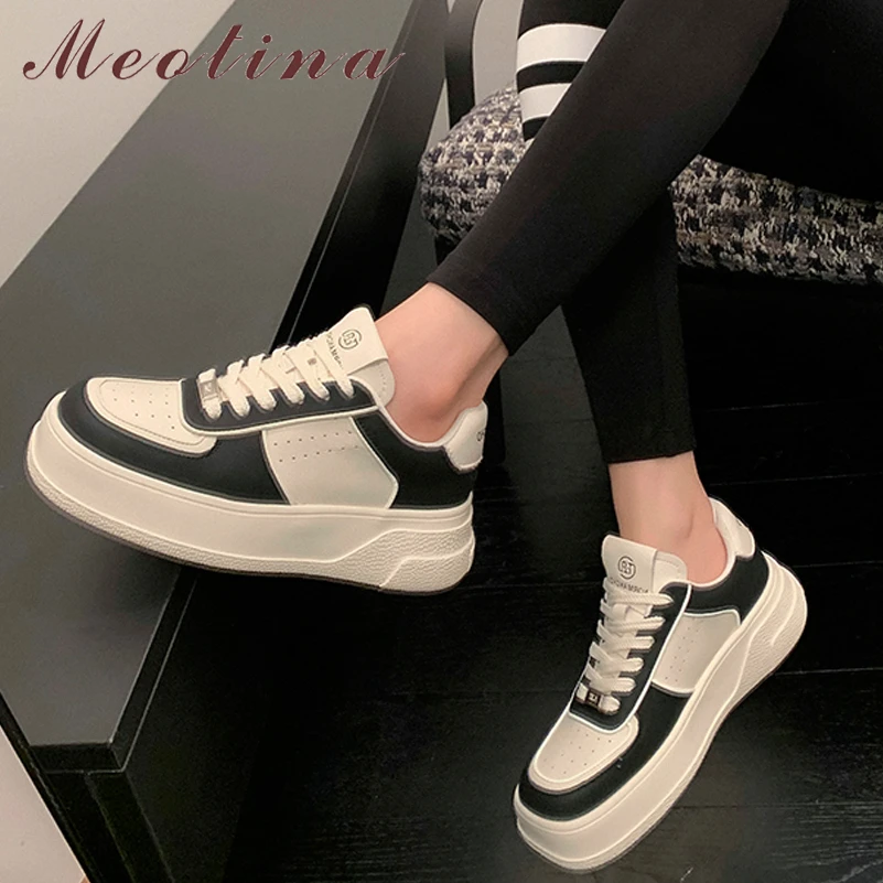

Meotina Women Genuine Leather Round Toe Platform Flats Lace-up Ladies Mixed Colors Sneakers Fashion Spring Autumn Shoes Beige