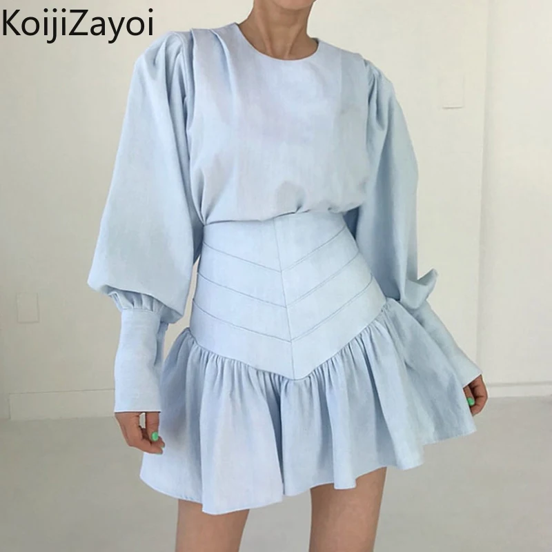 

Koijizayoi Sweet Women Solid Two Pieces Set Long Sleeves O Neck Blouse Ruffles Pleated Mini Short Skirt Spring Korean Outfits