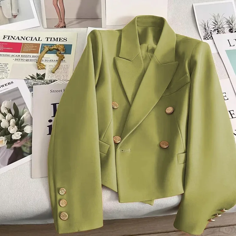 

Solid Blazer Women 2023 Fashion Office Ladies Turn Down Collar Slim Coats Vintage Long Sleeve Double Breasted Short Jacket