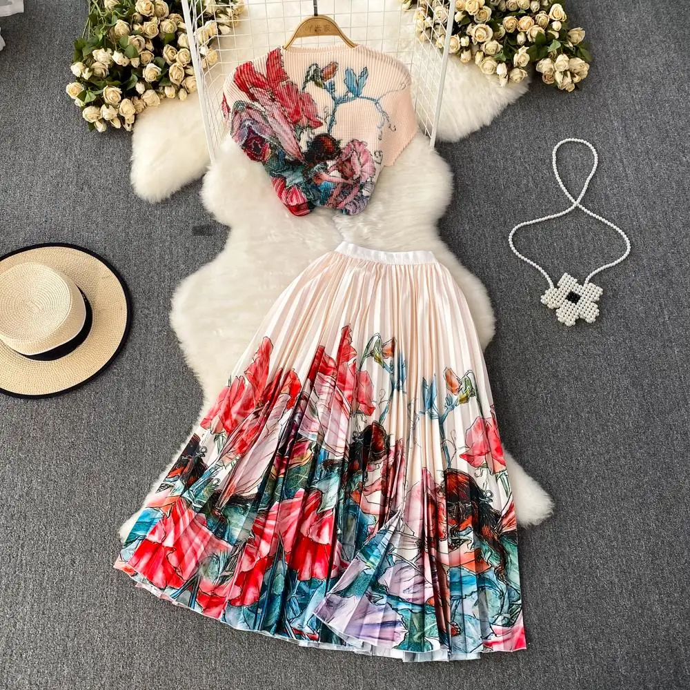 

Summer Runway 2 Pieces Sets Women Cartoon Print Turtleneck Top Base Shirt Midi Pleated Skirt Suit All Match Women Outfits N9175