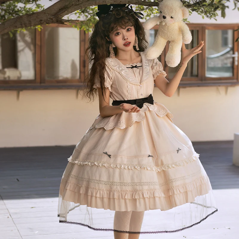 

Vintage Lolita Op Embroidery Mini Apron Summer Short Sleeve Retro Victorian Medieval Dress Cotton Lace Bow Mori Girl