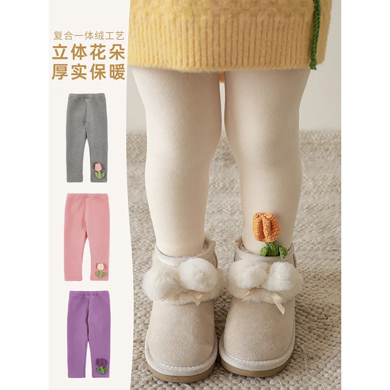 

Girls' Leggings Winter Single-Layer Fleece-Lined Tulip Outerwear Children's Clothing New Thickened Warm Pants