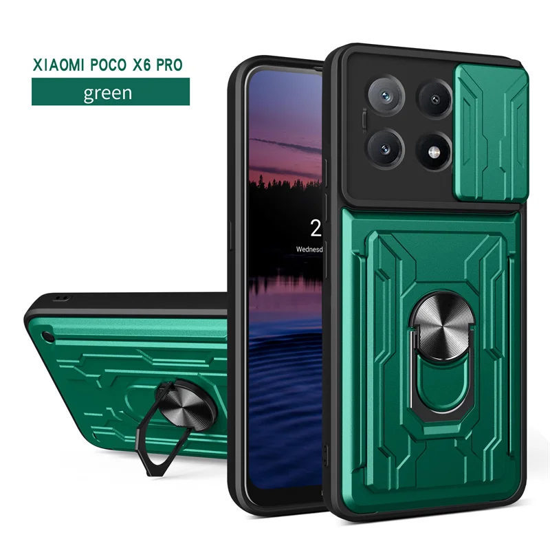 Slide Lens Protect Armor Phone Case with Card Slot & Bracket - Durable Back Cover